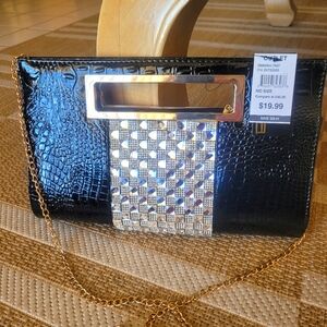 Black Patent Leather Adjustable Shoulder Bag with Bling